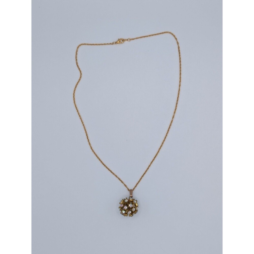 Vintage Gold Tone Link AB Aurora Borealis Crystal Bead Ball Pendant Necklace - Picture 4 of 10